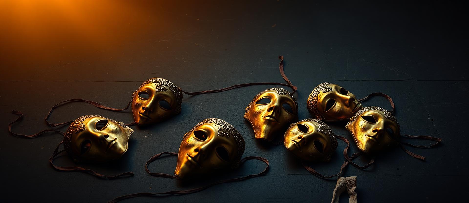 Nine ornate gold and oxblood masks lying discarded on dark ground